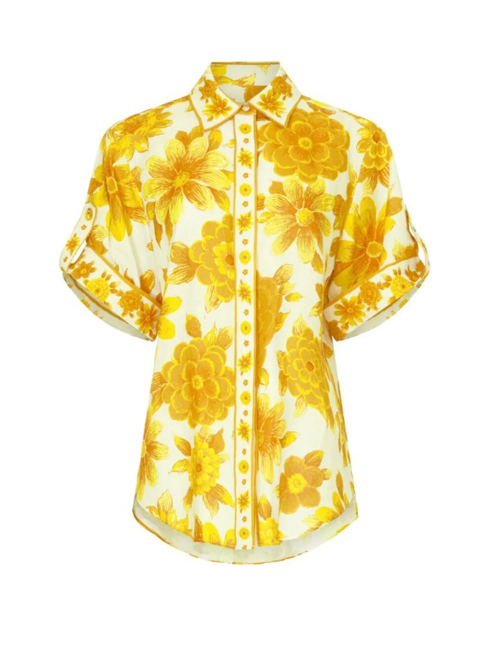 ALEMAIS Sonny Linen Oversized Shirt Yellow Floral Button Up tab sleeve Blouse